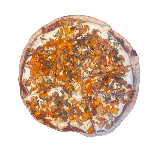 CUSTOM ALKALINE VEGAN PIZZA - Spelt Crust, Tomato Sauce, Brazil Nut Cheese, Fennel, Onion, Basil, and More