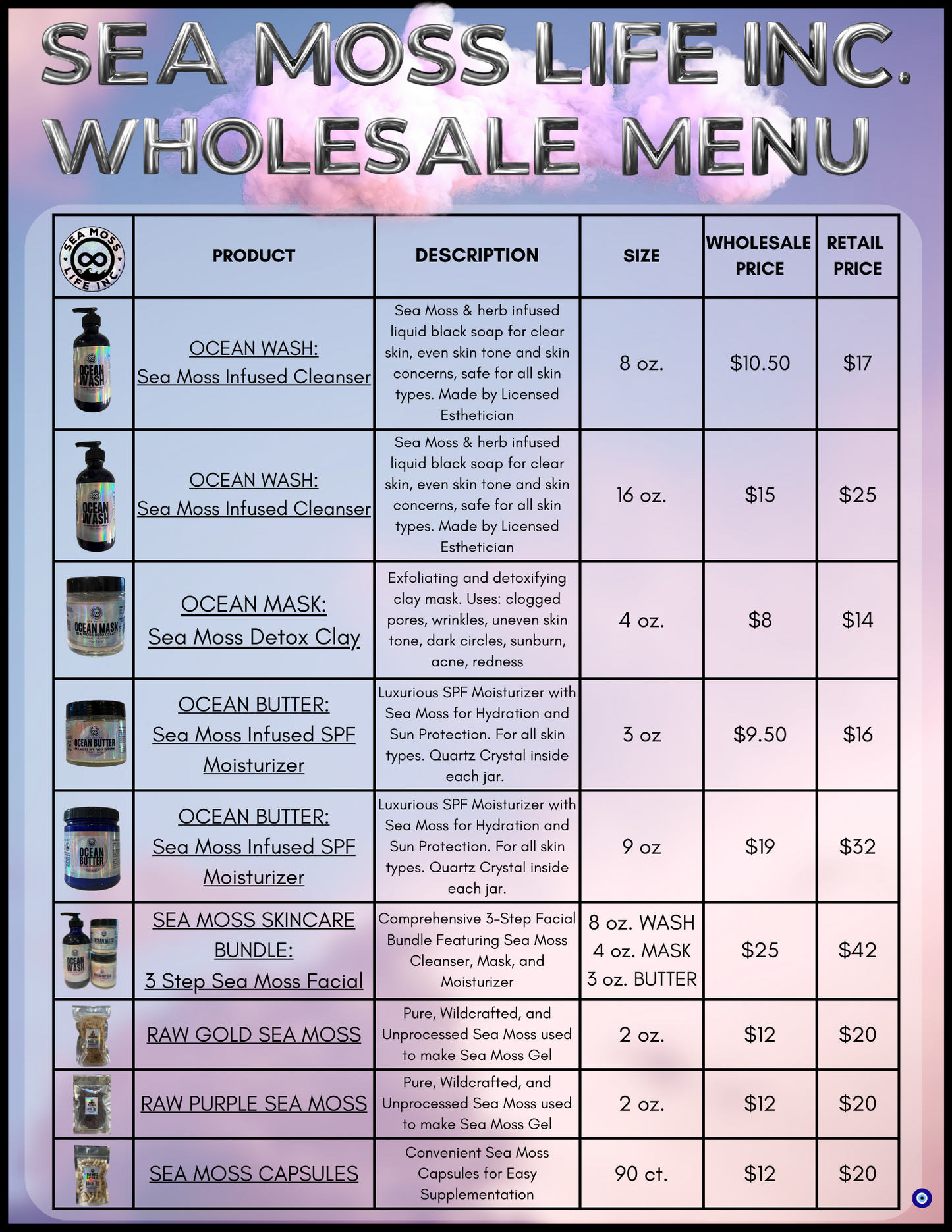 SEA MOSS LIFE INC. WHOLESALE MENU